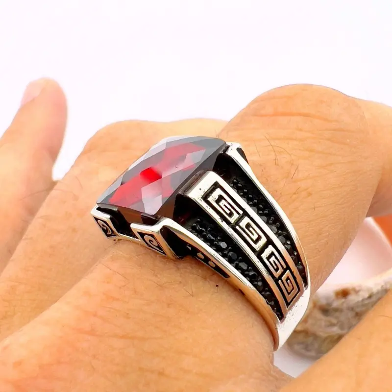 Turkish Handmade 925 Sterling Silver Men's Red Zircon Minimalist Ring - Elegant Statement Jewelry