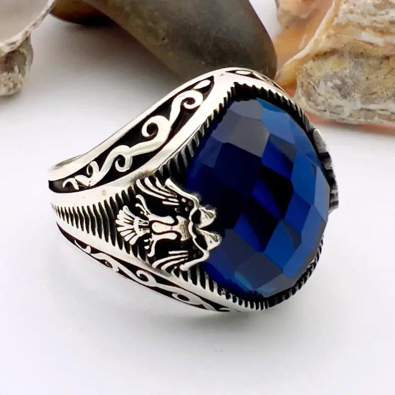 Turkish Handmade Blue Sapphire Double Headed Eagle 925 Sterling Silver Men's Statement Ring