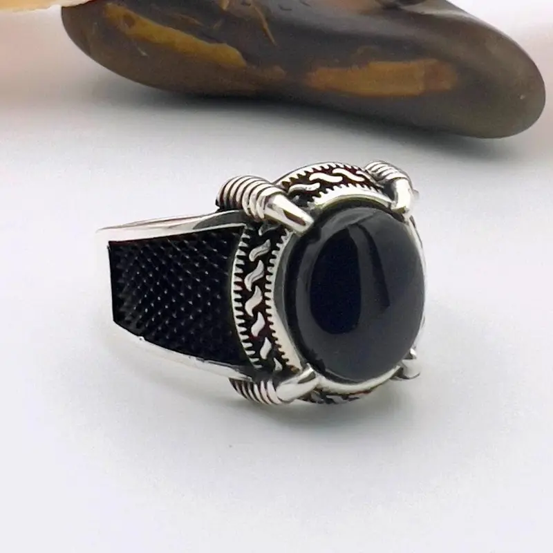 Turkish Handmade Men's 925 Sterling Silver Black Onyx Oval Stone Ring - Ottoman Style Gift
