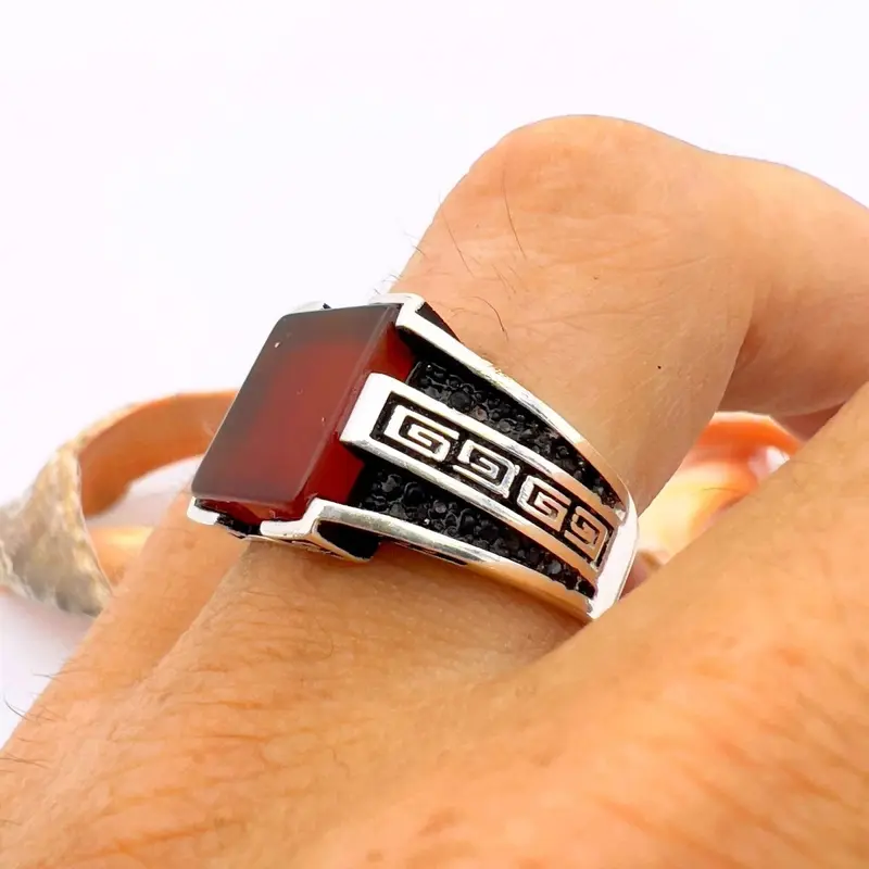 Turkish Handmade Men's 925 Sterling Silver Minimalist Red Agate Ring - Gift for Him