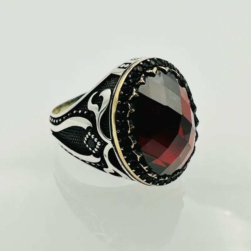 Turkish Handmade Men's 925 Sterling Silver Red Zircon Oval Ring - Bold Statement Gift