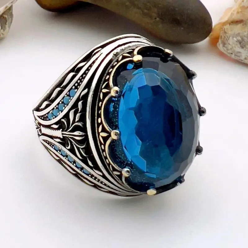 Turkish Handmade Men's Sapphire Ring - Ottoman Style 925K Sterling Silver Gift for Him