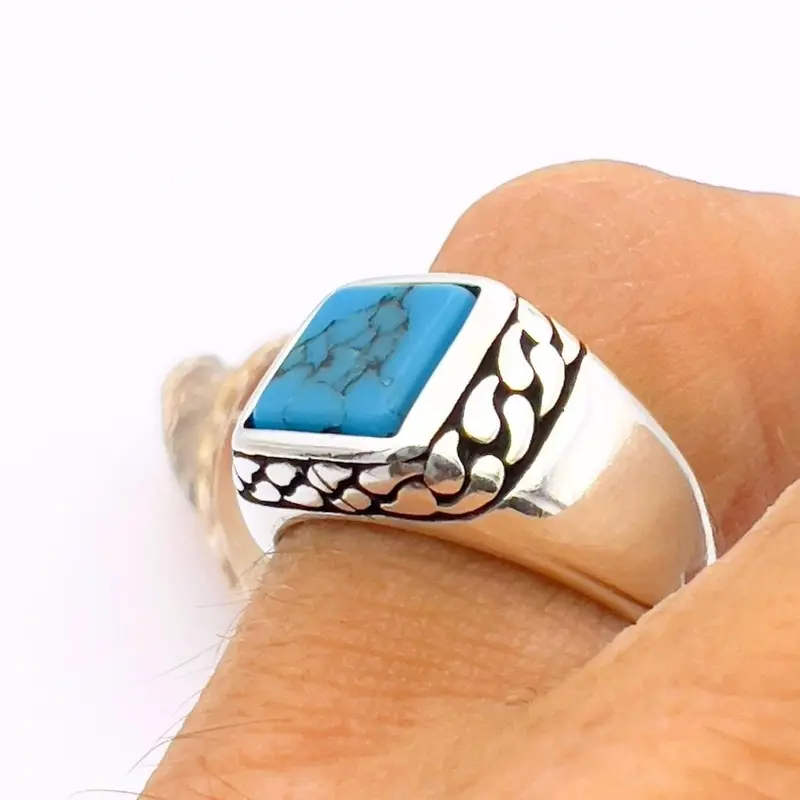 Turkish Handmade Ottoman Style 925 Sterling Silver Men's Turquoise Ring - Unique Gift