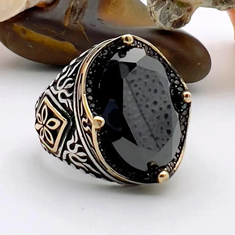 Turkish Handmade Ottoman Style Men's Ring | 925K Sterling Silver with Black Onyx Oval Stone