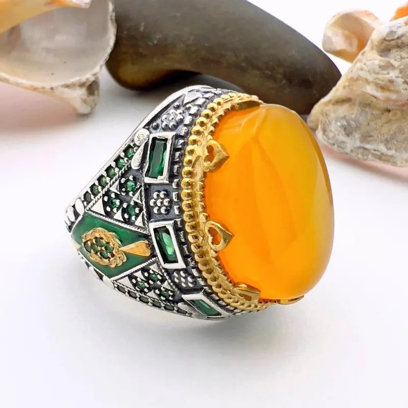 Turkish Handmade Yemeni Yellow Agate Men's Ring | Ottoman Style 925 Sterling Silver