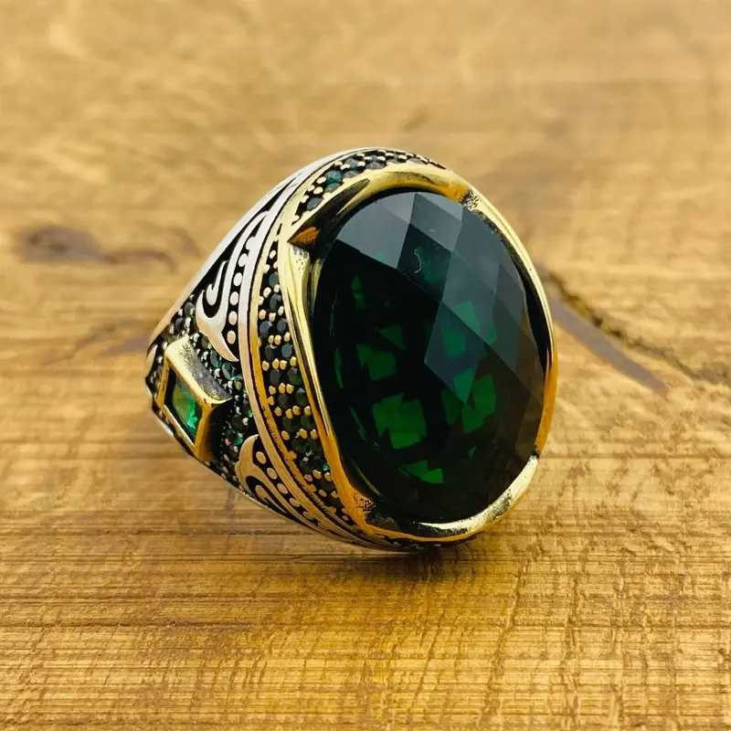Authentic Turkish Handcrafted Men's Emerald Sterling Silver Oval Ring