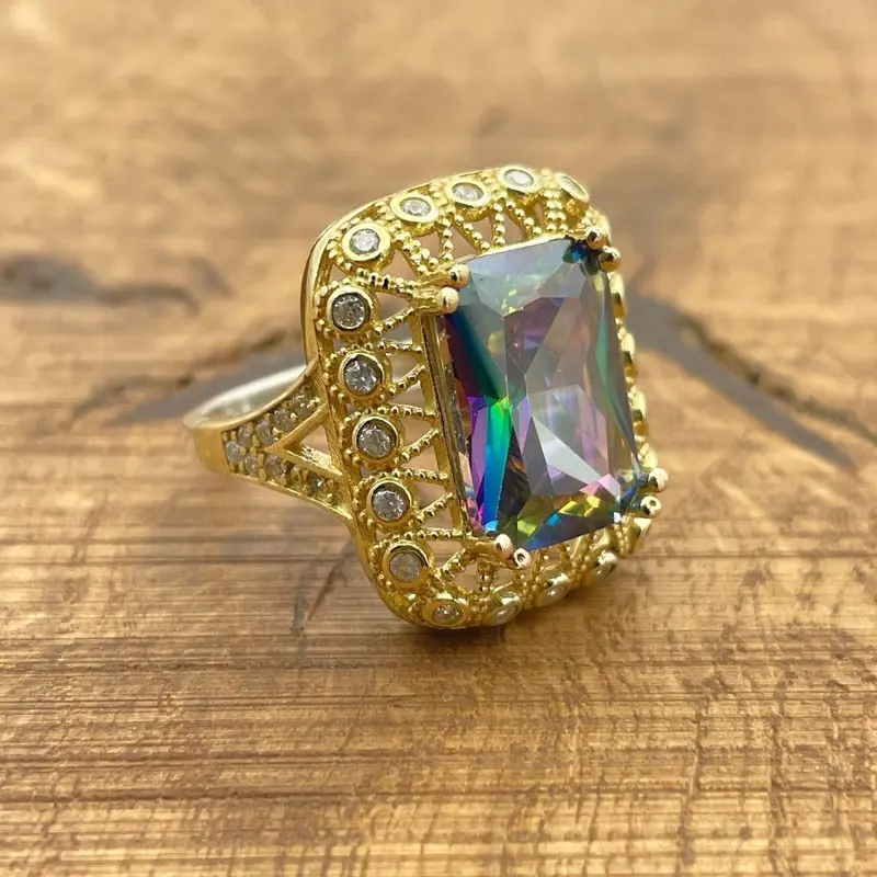 Elegant Multi-Color Mystic Topaz Gold-Plated 925 Sterling Silver Ring for Women
