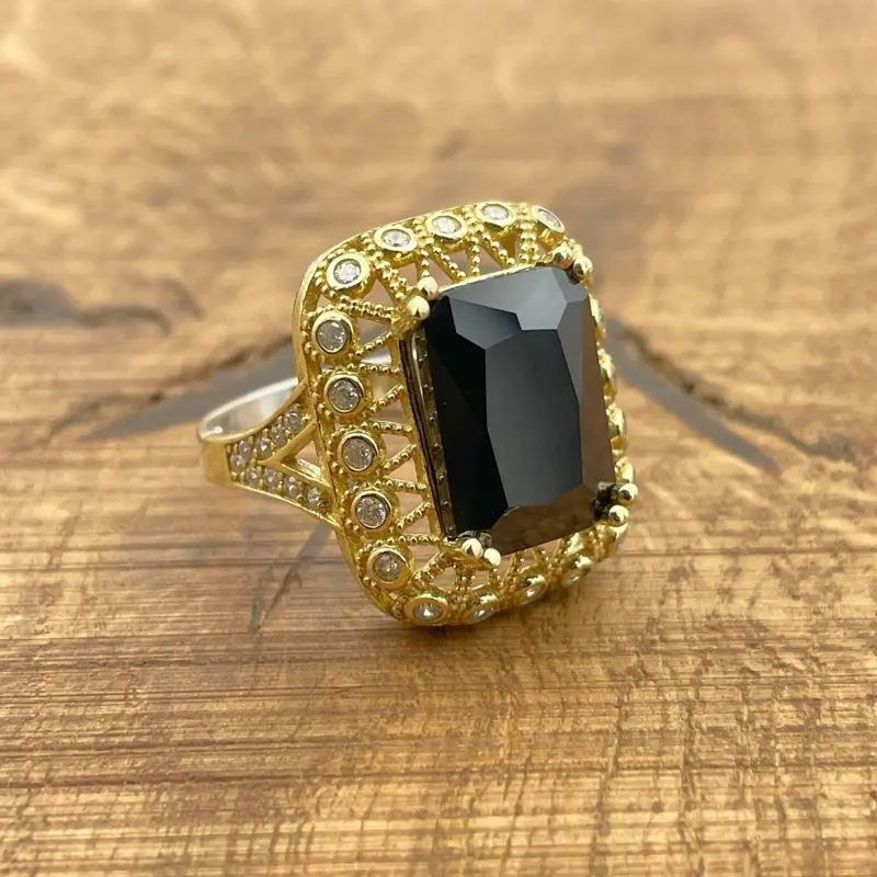 Elegant Turkish Handmade Black Onyx Gold-Plated 925 Sterling Silver Ring for Women