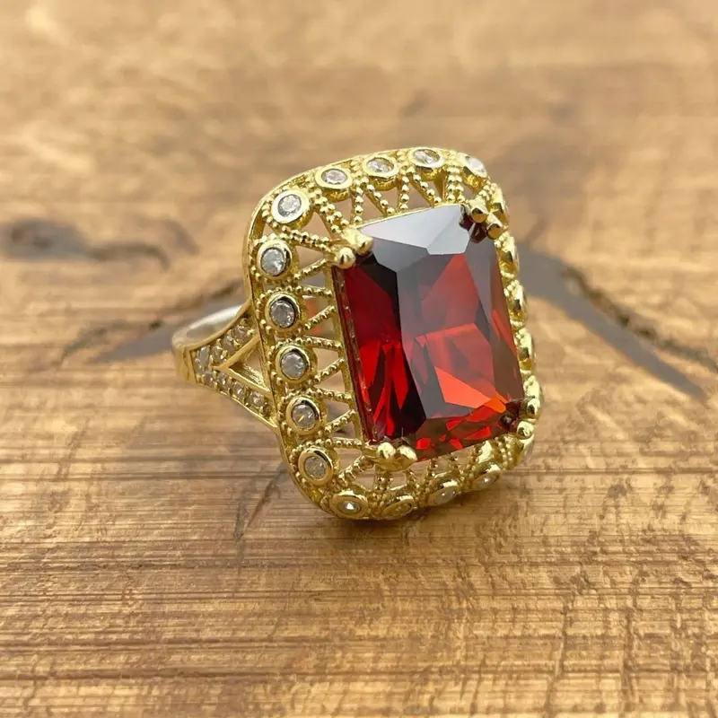 Exquisite Handmade Ruby Sterling Silver Ring - Gold Plated Vintage Design for Women
