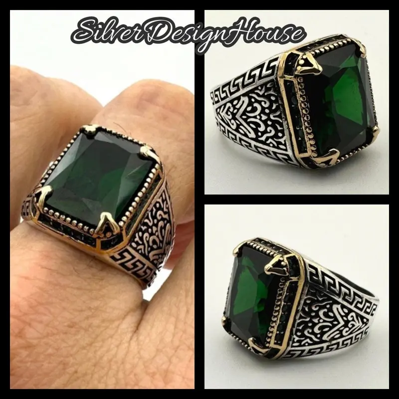 Exquisite Men's Handmade 925 Sterling Silver Ring with Green Emerald - Turkish Artisan Crafted Unisex Jewelry Gift