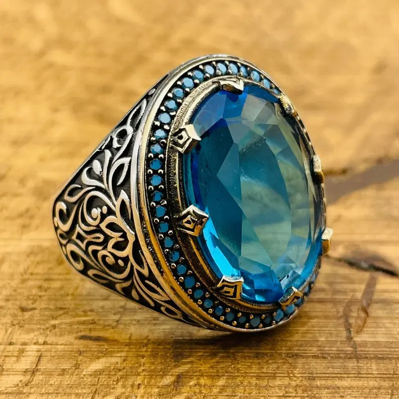 Exquisite Turkish Handmade Men's 925 Sterling Silver Aquamarine Ring - Oval Blue Gemstone Gift for Him