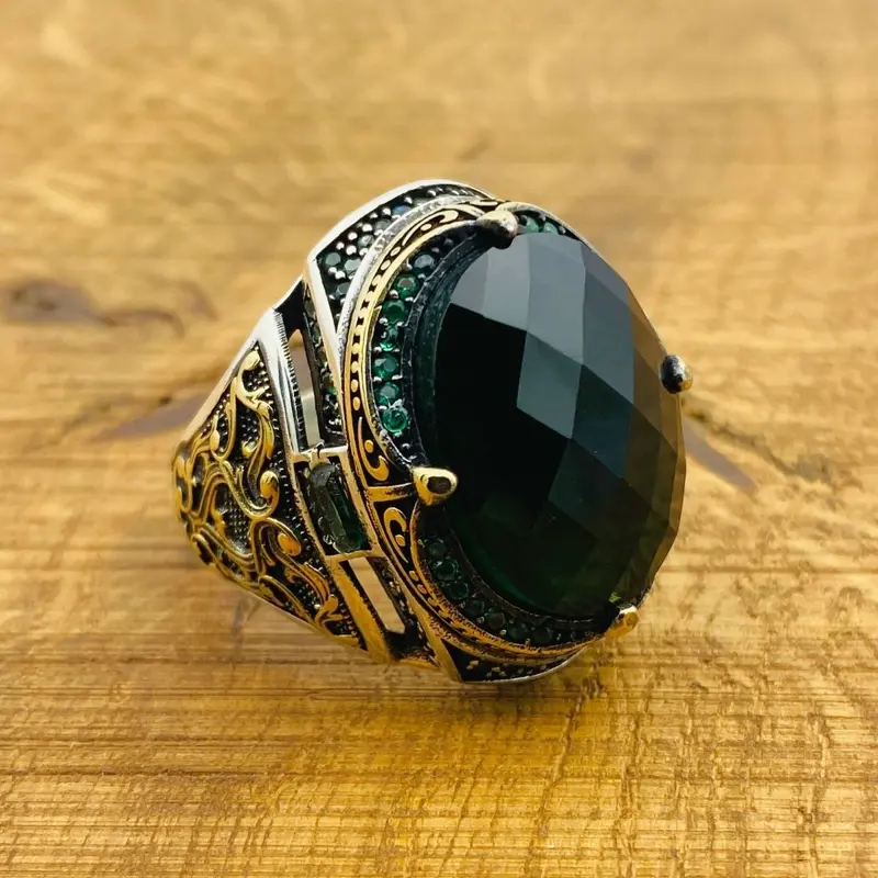 Handcrafted Men's Green Zircon 925 Sterling Silver Ottoman Ring | Unique Gift for Him