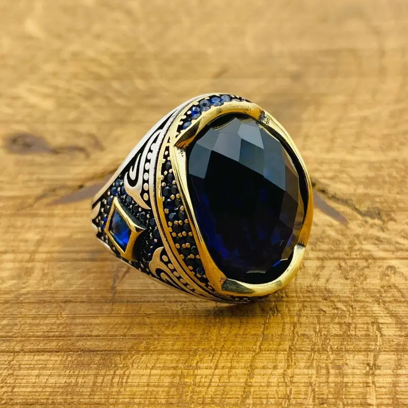 Handcrafted Men's Ottoman Style 925 Sterling Silver Ring with Vibrant Blue Zircon Gemstone