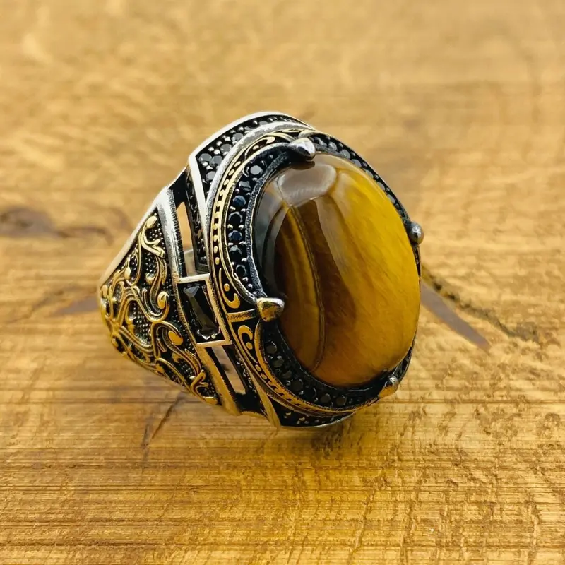 Handcrafted Men's Tiger's Eye 925 Sterling Silver Ring | Ottoman Inspired Design Gift