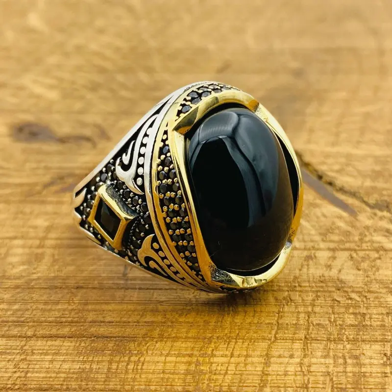 Handcrafted Turkish Men's Black Onyx 925 Sterling Silver Ring