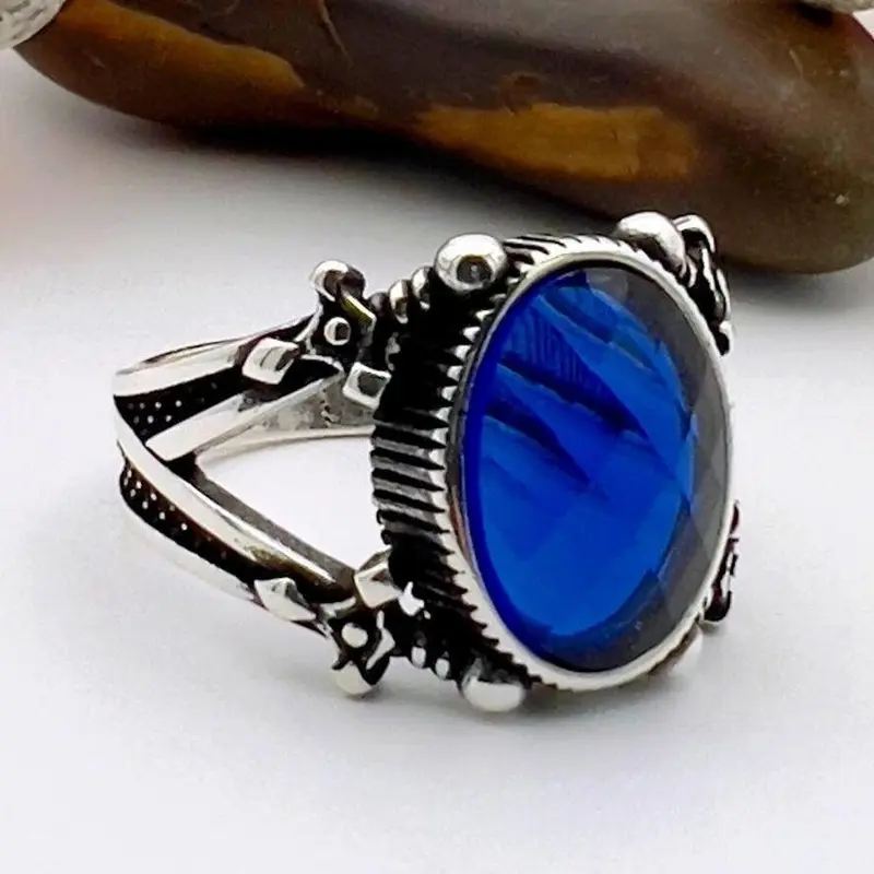 Handcrafted Turkish Sterling Silver Men's Ring with Blue Sapphire & Sword Detail | Unique Statement Jewelry Gift