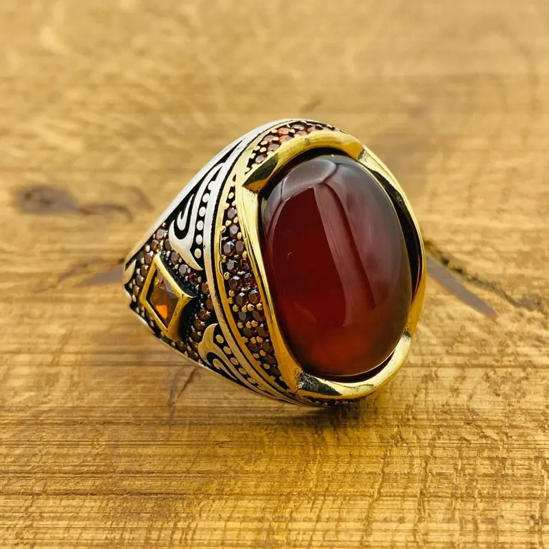 Handmade Men's Red Agate 925 Sterling Silver Ring - Authentic Ottoman Design Jewelry for Him
