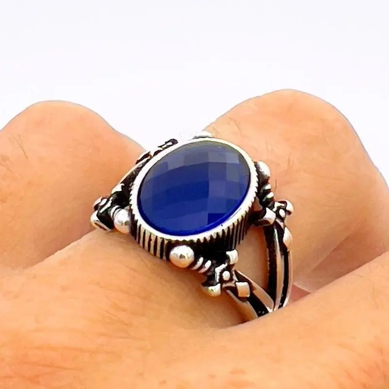 Handmade Turkish Men's 925 Sterling Silver Blue Sapphire Ring - Elegant Oval Statement Jewelry