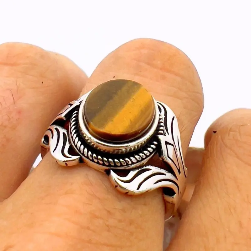 Handmade Turkish Ottoman Style Men's Tiger's Eye 925 Sterling Silver Ring