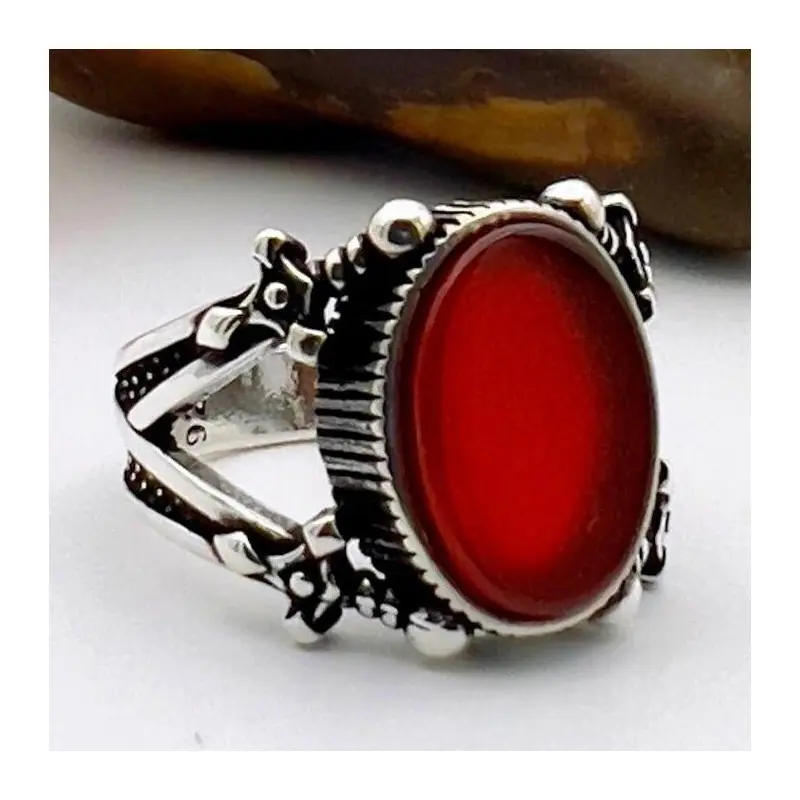 Handmade Turkish Sterling Silver Red Agate Sword Men's Ring | Unique Statement Jewelry Gift