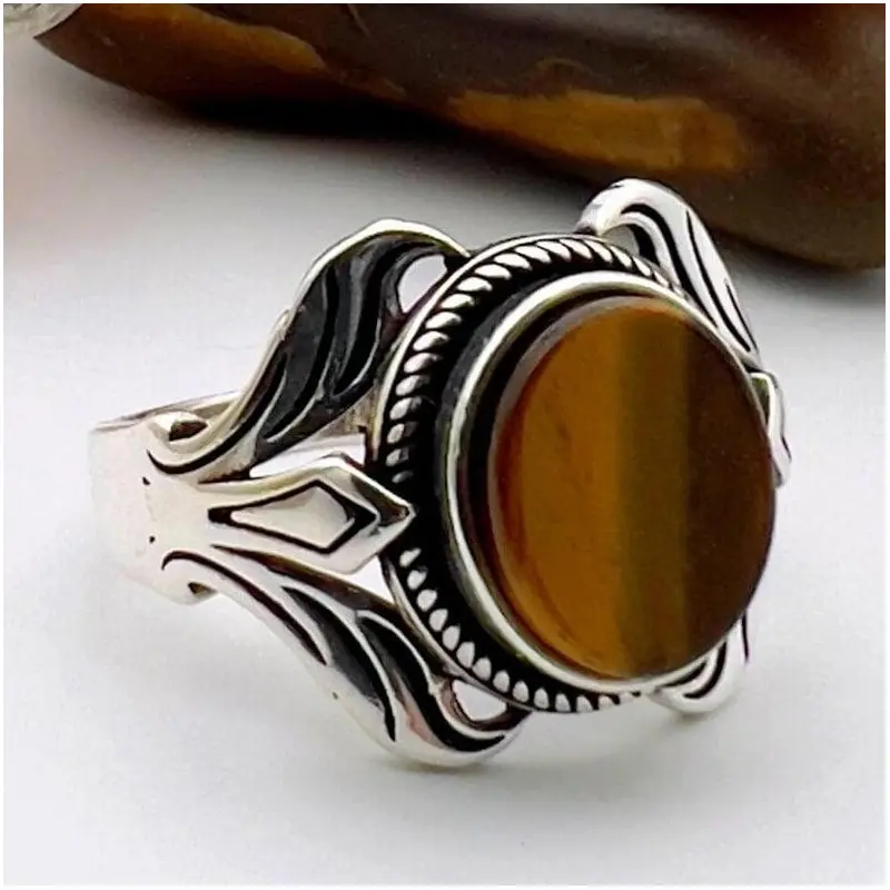 Handmade Unisex 925 Sterling Silver Tiger's Eye Oval Ring | Natural Gemstone Jewelry