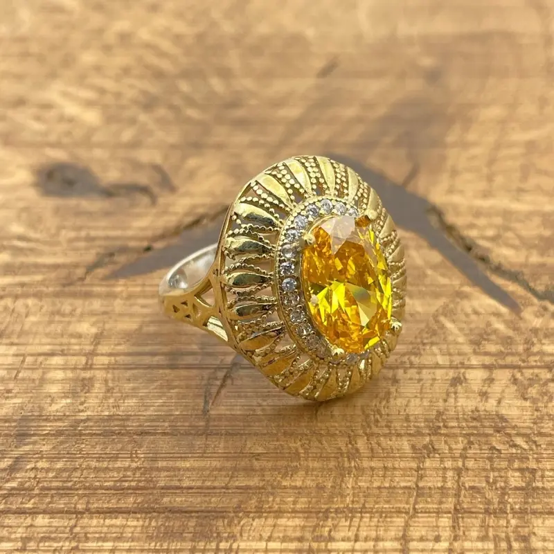Handmade Vintage Citrine Ring | 925 Sterling Silver Gold Plated Yellow Stone Jewelry for Women