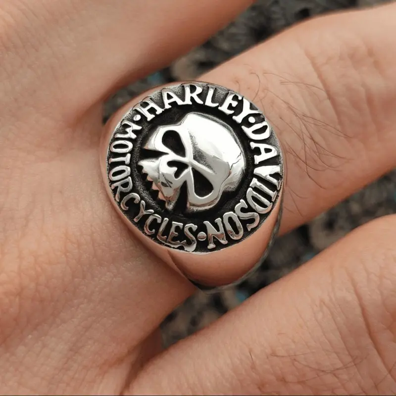 Harley Davidson Sterling Silver Men's Biker Signet Ring - Gift for Motorcycle Enthusiasts