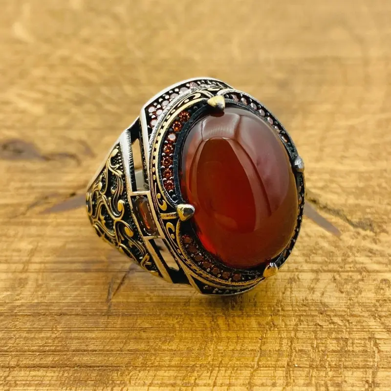 Men's Authentic Turkish Handmade Red Agate 925 Sterling Silver Ottoman Ring