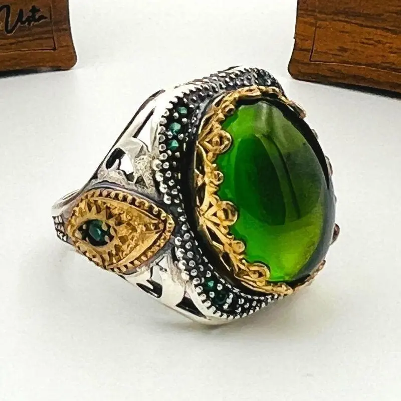 Men's Green Topaz Agate Sterling Silver Ring - Handcrafted Ottoman Style Turkish Jewelry