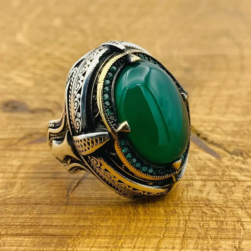Men's Handcrafted 925 Sterling Silver Ring with Natural Green Gemstone - Timeless Oval Design