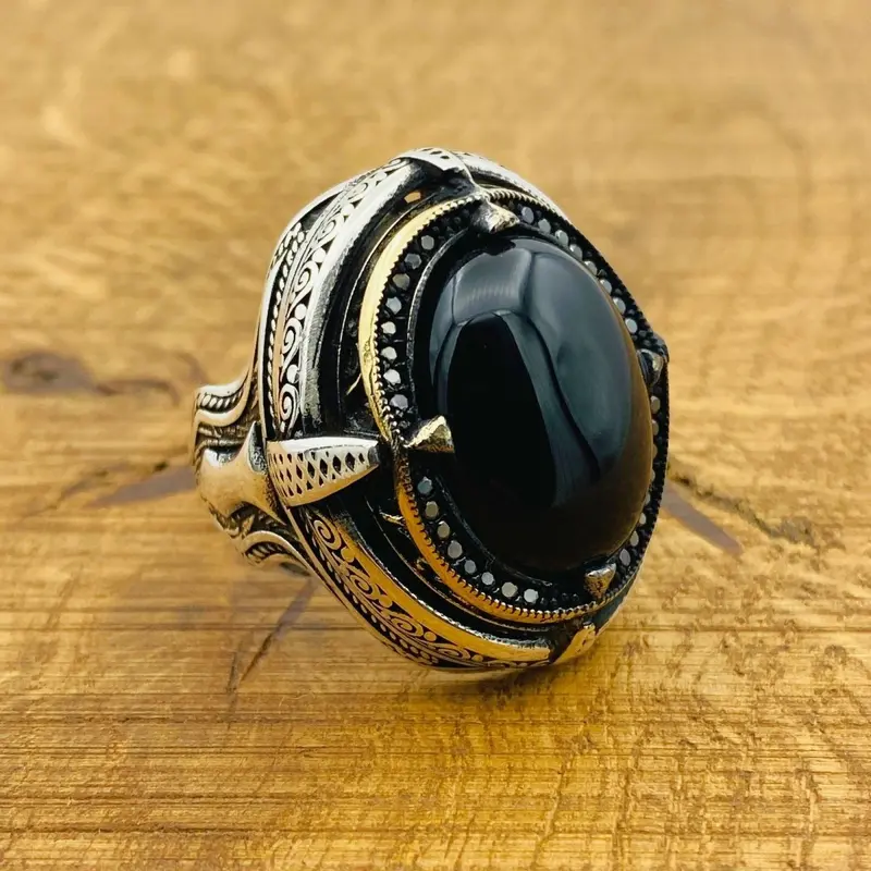 Men's Handcrafted Black Onyx 925 Sterling Silver Ring - Authentic Ottoman Design