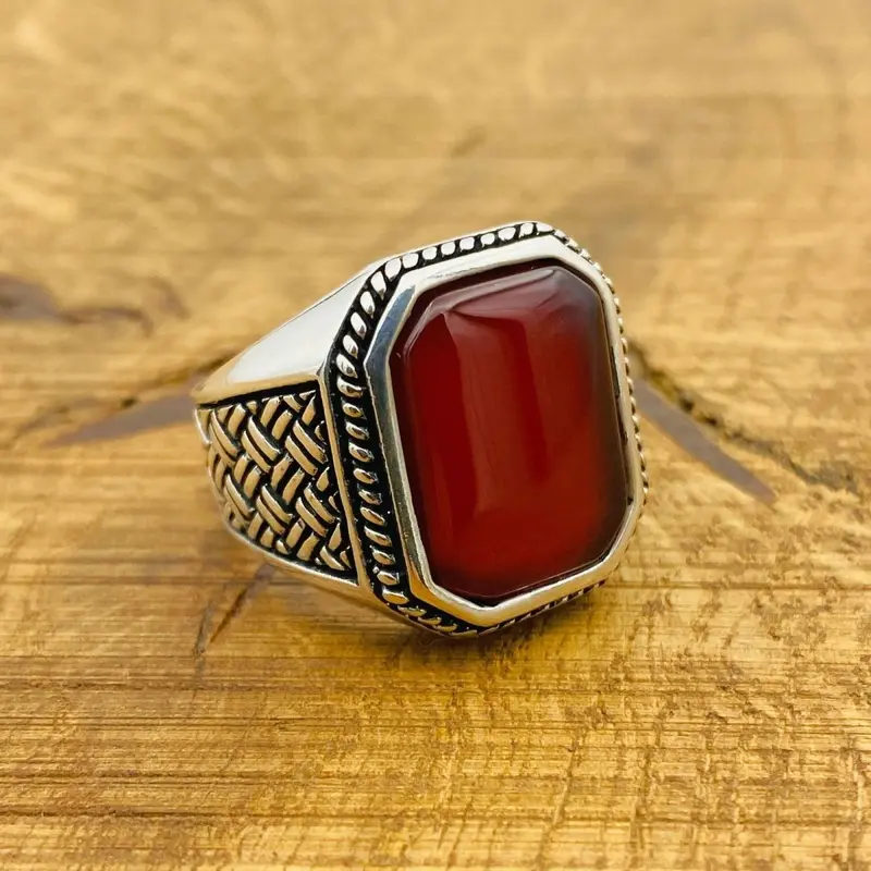 Men's Handcrafted Red Agate 925 Sterling Silver Ring - Turkish Artisan Gemstone Jewelry