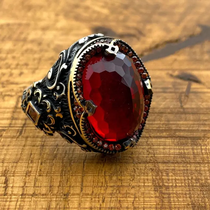 Men's Handcrafted Sterling Silver Ottoman Ring | Oval Red Zircon Gemstone