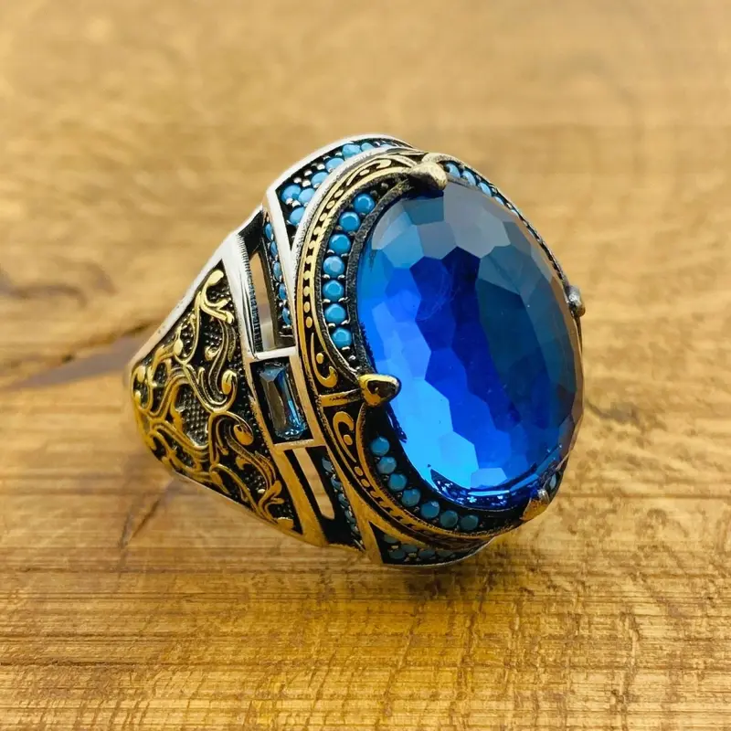 Men's Handcrafted Turkish Ottoman Blue Zircon 925 Sterling Silver Ring - Unique Gift for Him