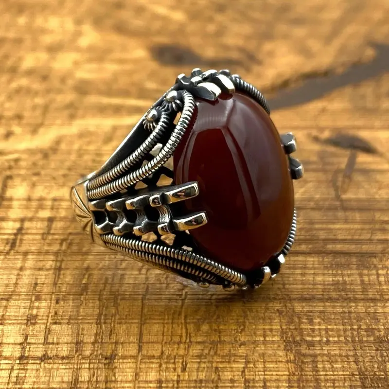 Men's Handcrafted Yemeni Aqeeq (Agate) Stone 925 Sterling Silver Ring - Ottoman Inspired Gift for Him