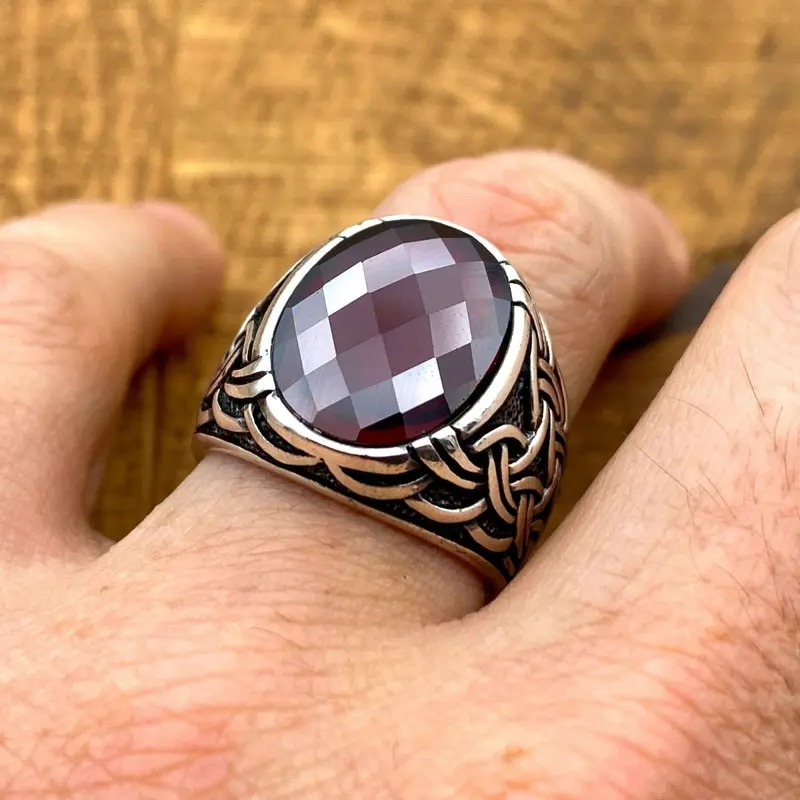 Men's Handmade Ottoman 925 Sterling Silver Ring with Oval Red Zircon Stone - Statement Jewelry Gift for Him