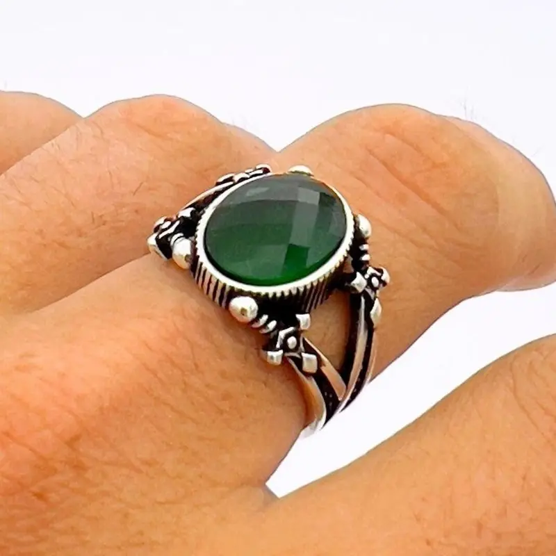 Men's Handmade Turkish 925 Sterling Silver Green Emerald Statement Ring