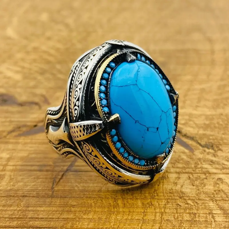 Men's Natural Turquoise & 925 Sterling Silver Ottoman Ring | Handcrafted Turkish Jewelry