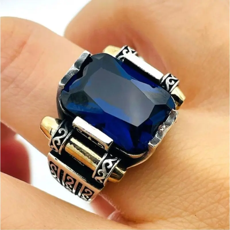 Men's Turkish Handmade 925 Sterling Silver Blue Sapphire Gemstone Ring - Unique Gift for Him