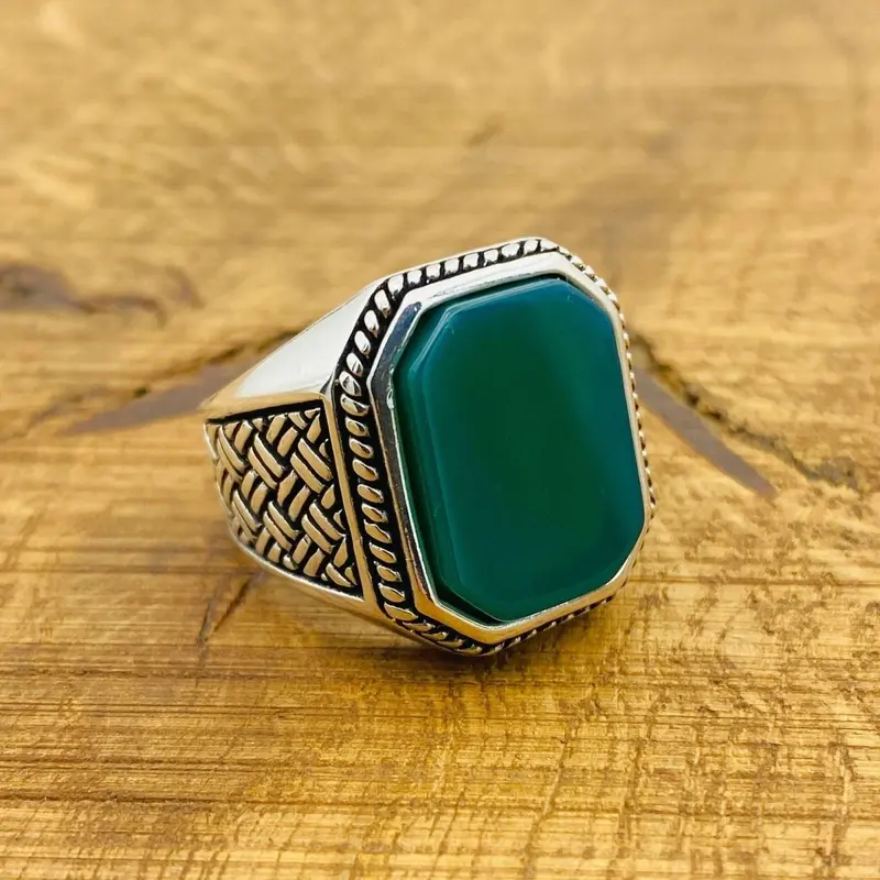 Men's Turkish Handmade 925 Sterling Silver Green Agate Ring | Unique Square Gemstone Gift for Him