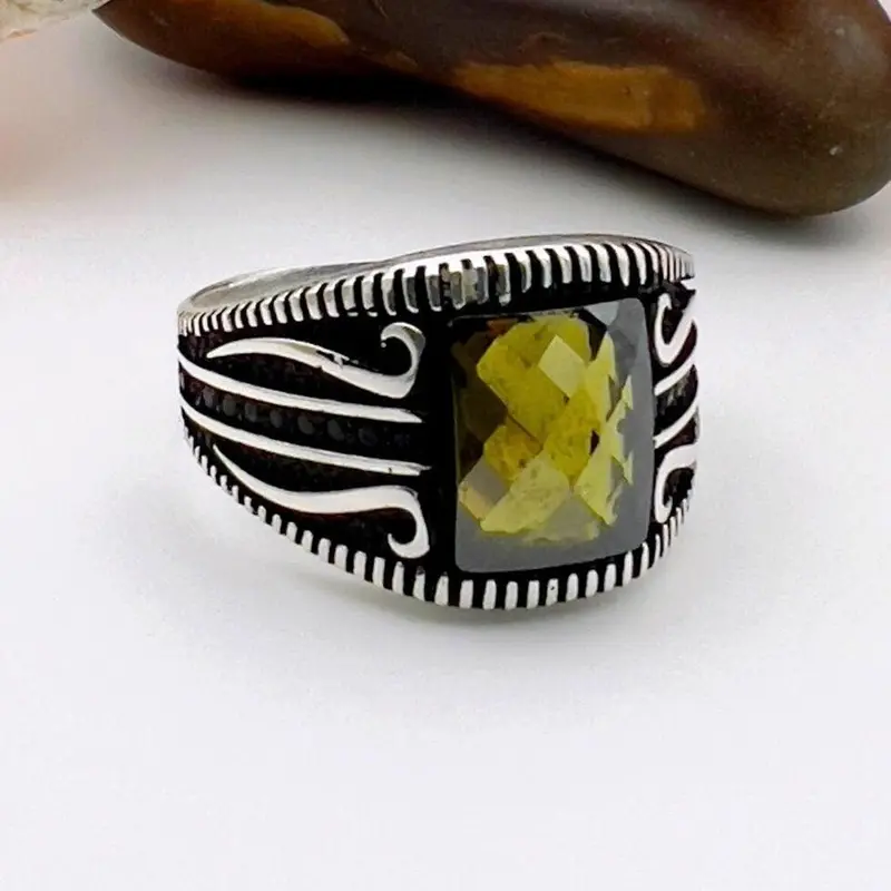 Men's Turkish Handmade 925 Sterling Silver Ring | Bold Square Yellow Amber Stone