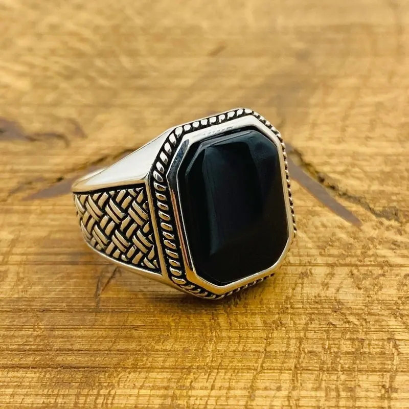 Men's Turkish Handmade 925 Sterling Silver Ring | Natural Black Onyx | Minimalist Square Design | Gift for Him