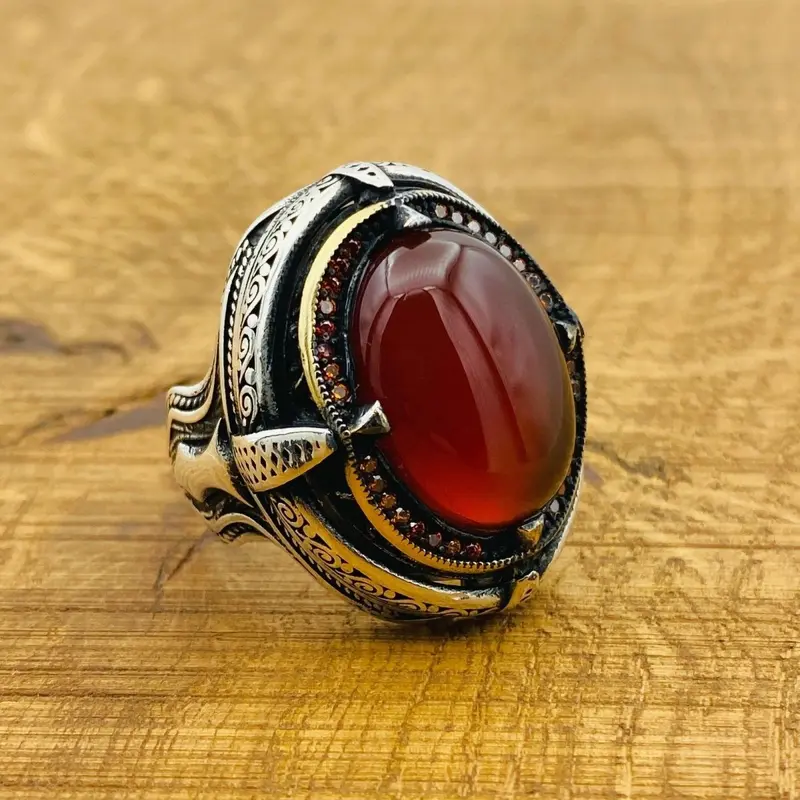 Men's Turkish Handmade Red Aqeeq 925 Sterling Silver Ring | Ottoman Style Gemstone Jewelry for Him