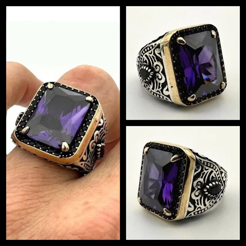 Men's Vintage Turkish Handmade 925 Sterling Silver Ring with Square Purple Amethyst Stone