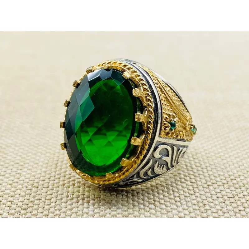 Ottoman Inspired Green Emerald 925 Sterling Silver Men's Ring - Handcrafted Fine Jewelry