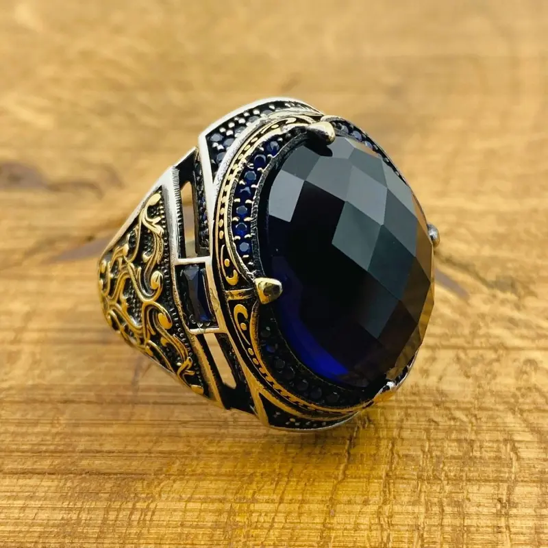 Turkish Handmade 925 Sterling Silver Men's Blue Zircon Oval Ring - Ottoman Style Jewelry Gift