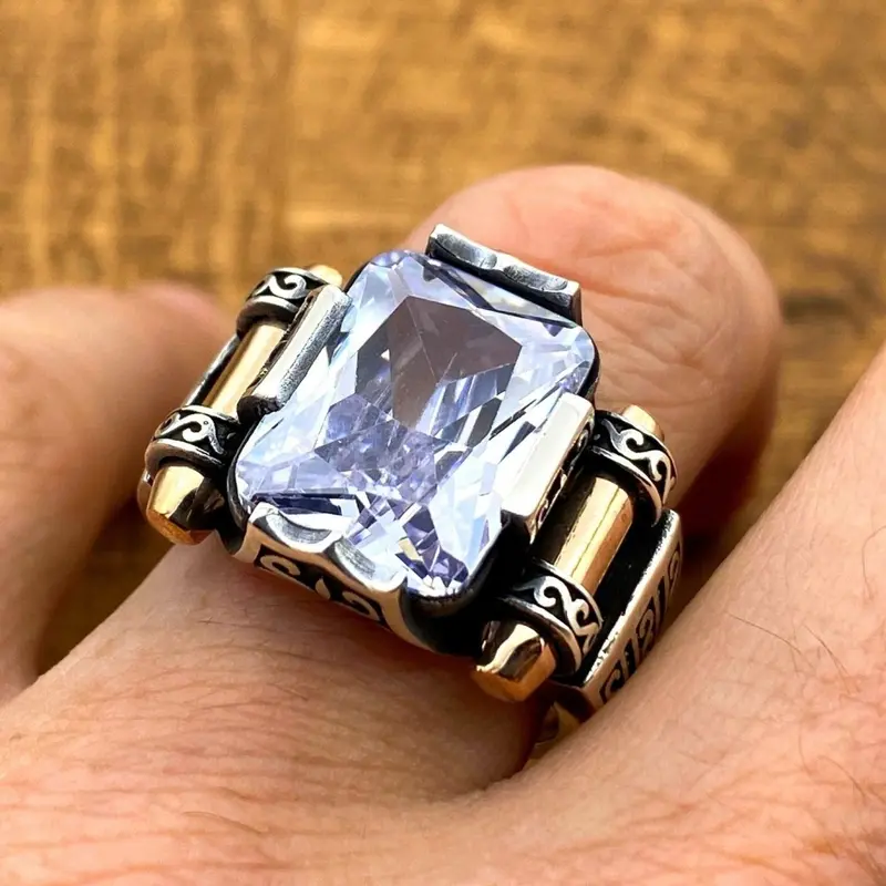 Turkish Handmade 925 Sterling Silver Men's Zircon Stone Ring - Unique White Gemstone Gift