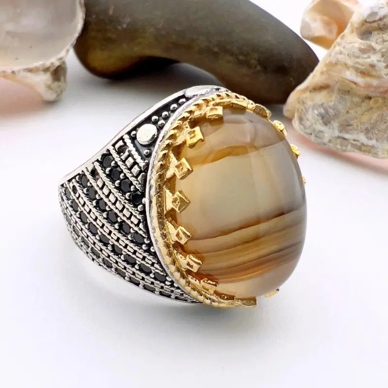 Turkish Handmade Brown Oval Agate Men's Ring - 925 Sterling Silver Ottoman Style Jewelry