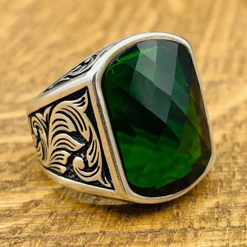 Turkish Handmade Men's 925 Sterling Silver Ring | Square Green Zircon Stone | Thoughtful Gift for Him
