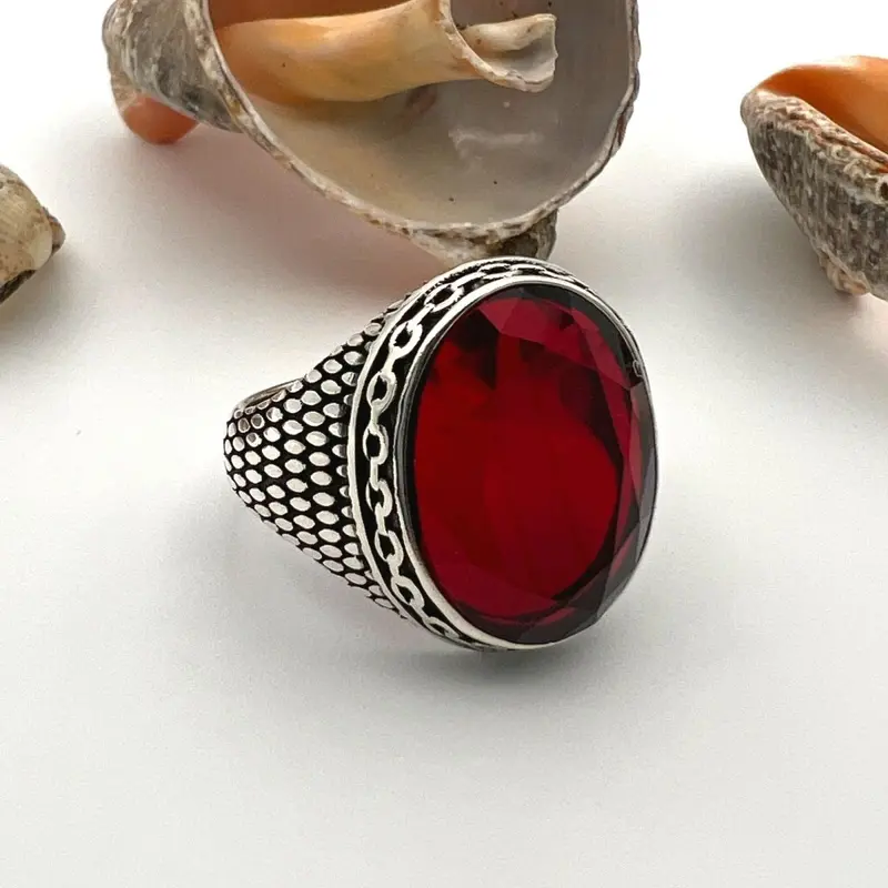 Turkish Handmade Men's Ruby Red Stone Ring - 925 Sterling Silver Statement Jewelry Gift
